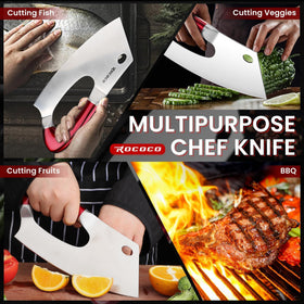 ROCOCO Easy Handle Meat Cleaver in kitchen scene demonstrates daily meat and veg tasks