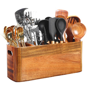 Rodelna acacia utensil holder with four adjustable compartments for easy on-counter organization.