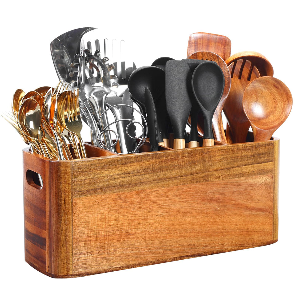 Rodelna acacia utensil holder with four adjustable compartments for easy on-counter organization.