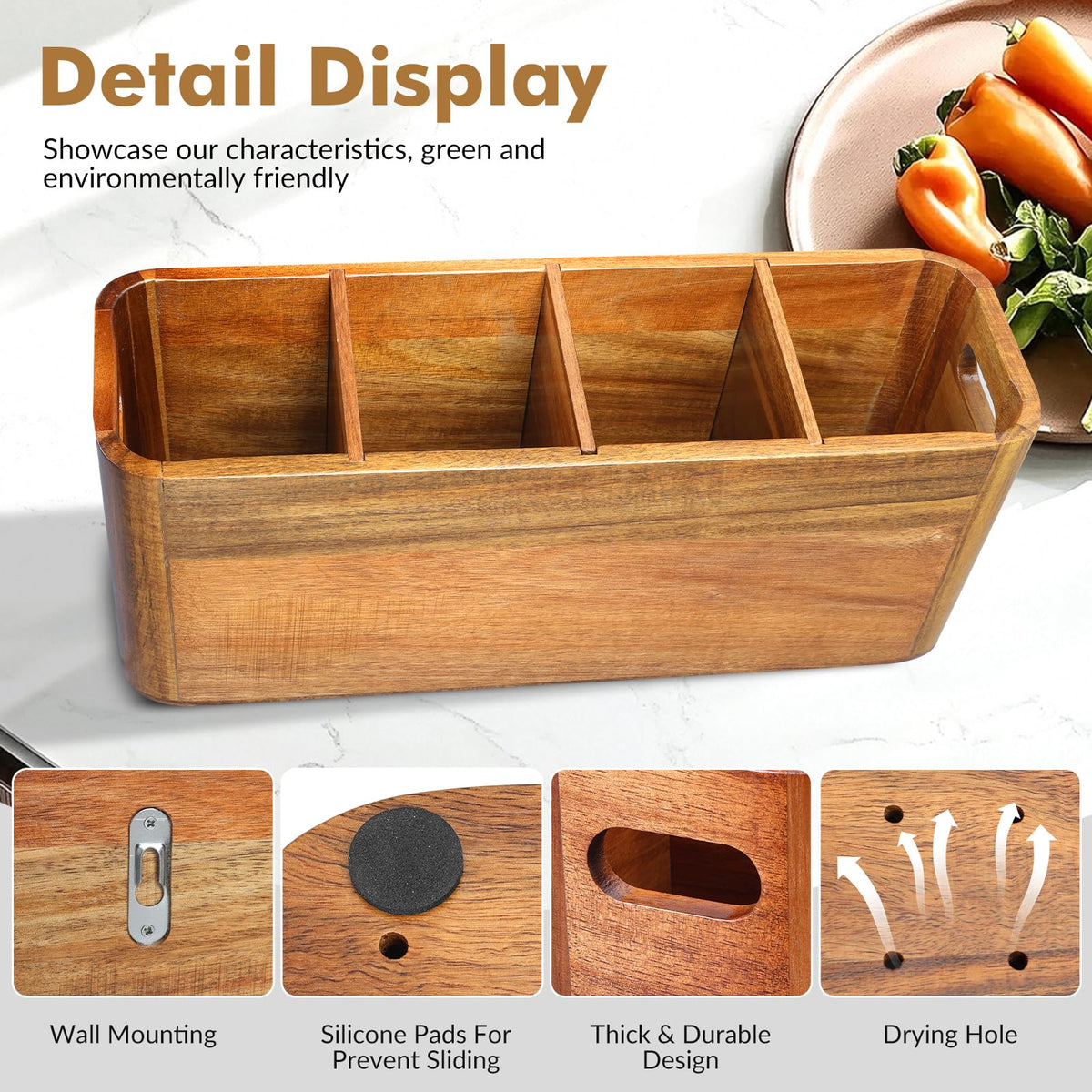 Rodelna acacia wood holder demonstrating wall-mount hooks for space-saving storage.