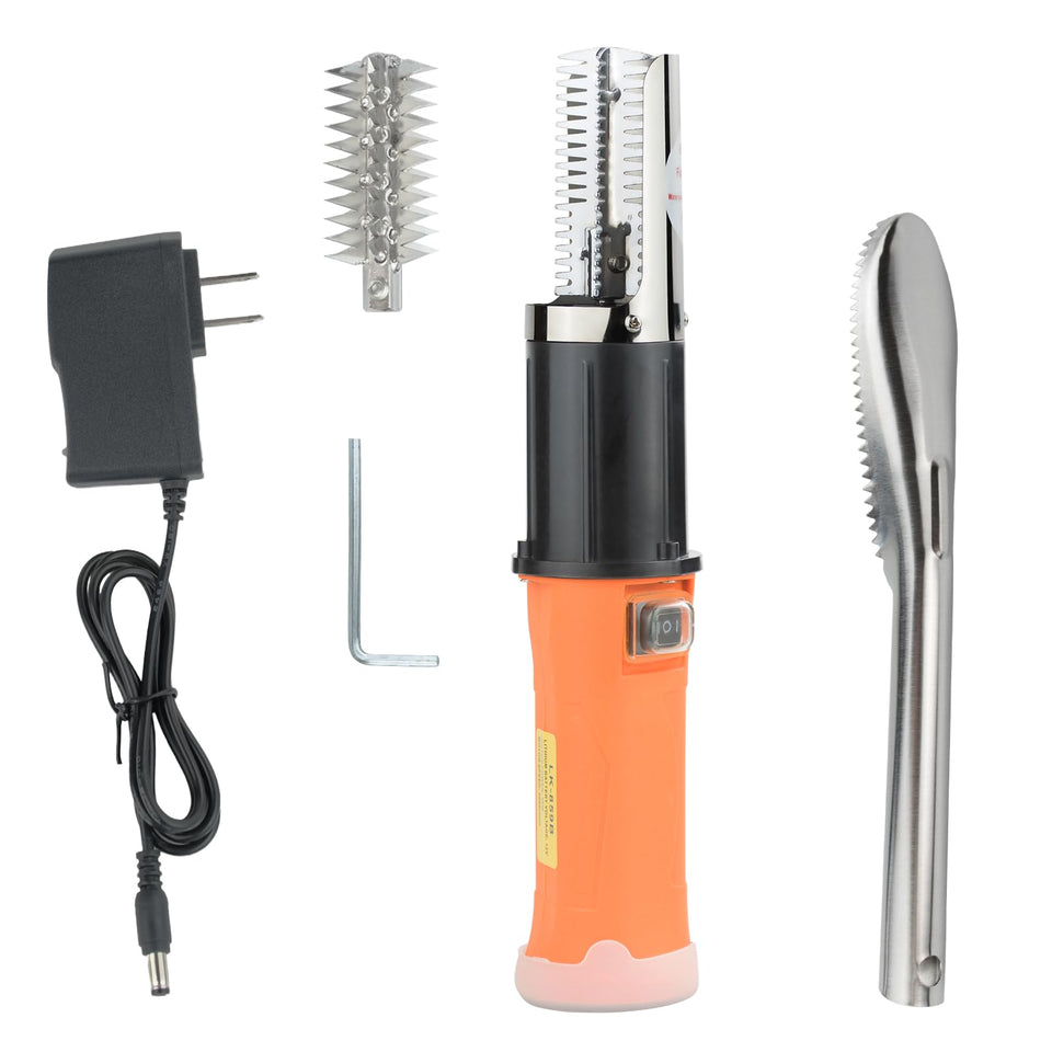 ROEDEER cordless electric fish scaler tool in hand for fast, clean scaling.