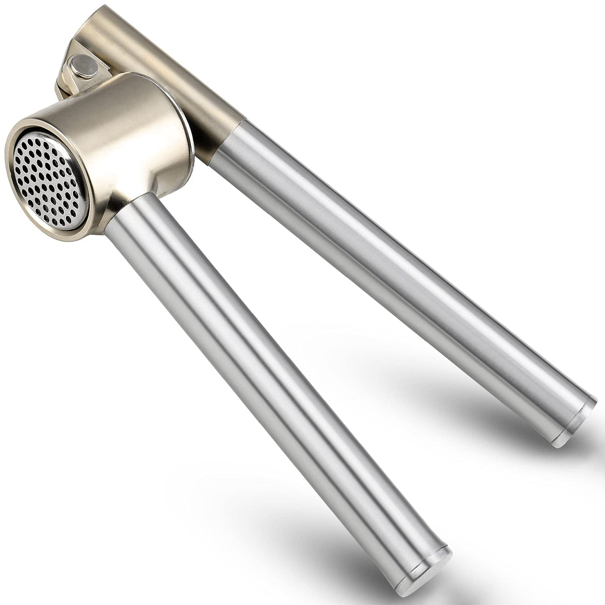 Roeene garlic press with 304 stainless steel body for rust resistance and durability.