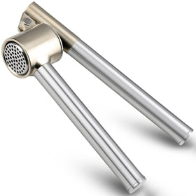 Roeene garlic press with 304 stainless steel body for rust resistance and durability.
