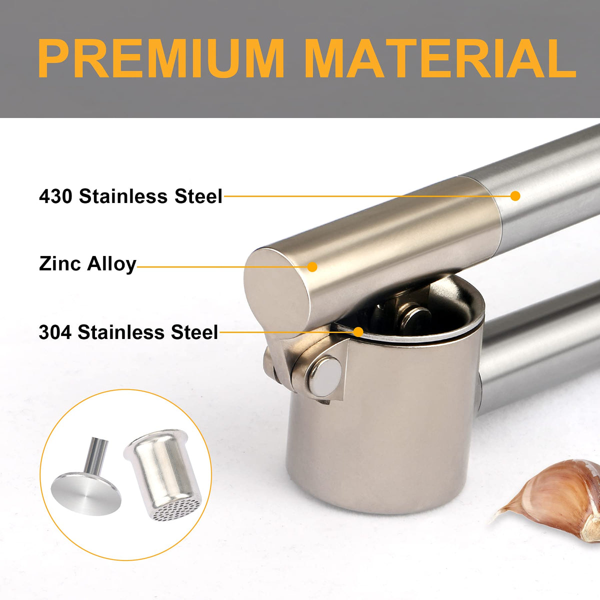 Roeene garlic press wide holes for efficient garlic mincing with minimal effort.