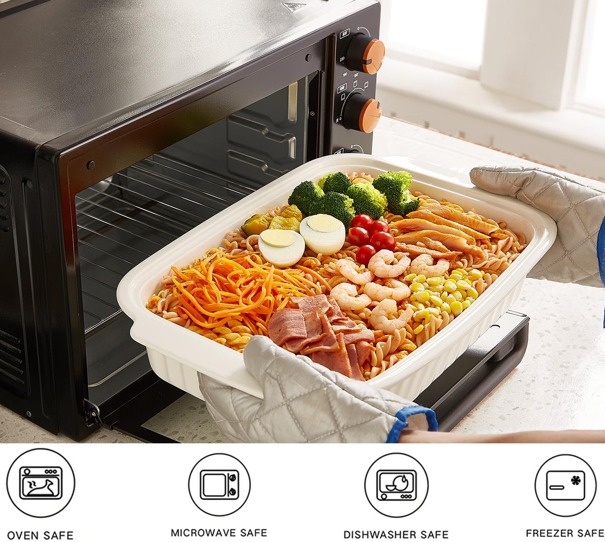 Roeveca dishwasher-safe bakeware simplifies cleanup after family dinners.