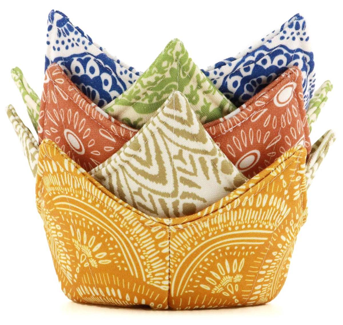 ROGITU Pattern A cotton bowl cozy keeps hands safe when removing hot bowls.
