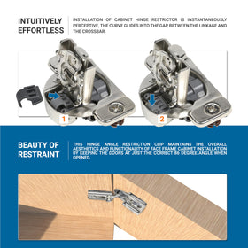 Rok face-frame hinge restraint clip NEH89 installed to prevent overextension.