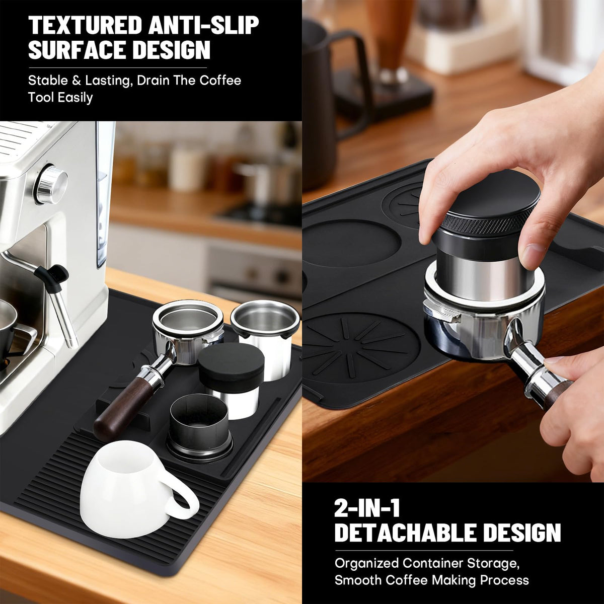 Rolitwils anti-slip surface keeps espresso gear steady during use.