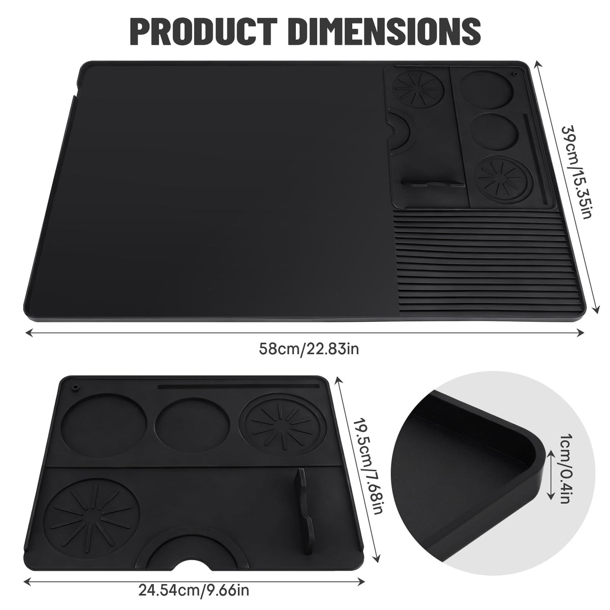 Rolitwils 23x15 silicone mat provides ample space for cups and accessories.