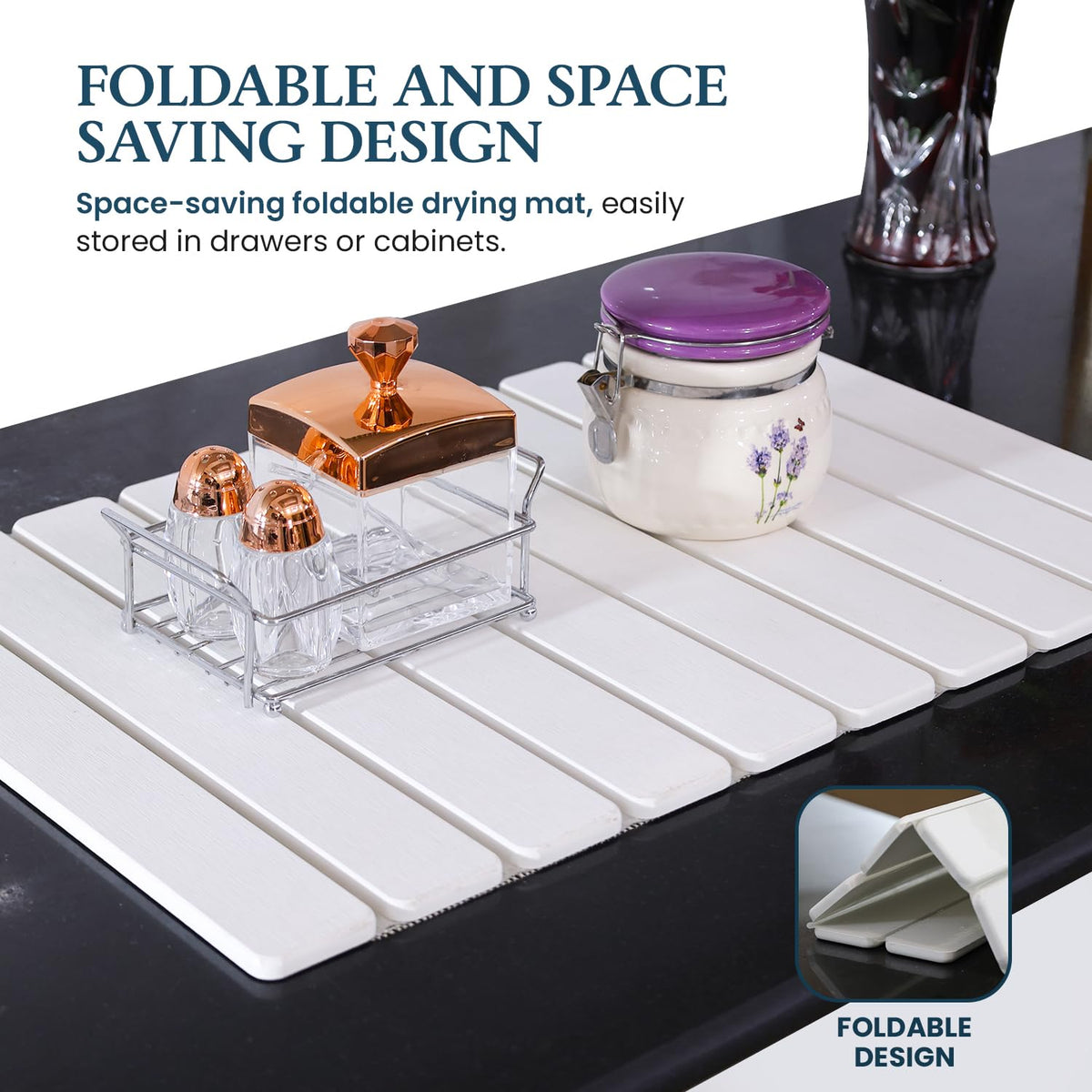 ROLLET fast-drying-diatomaceous-earth delivers rapid moisture pickup on dishes.