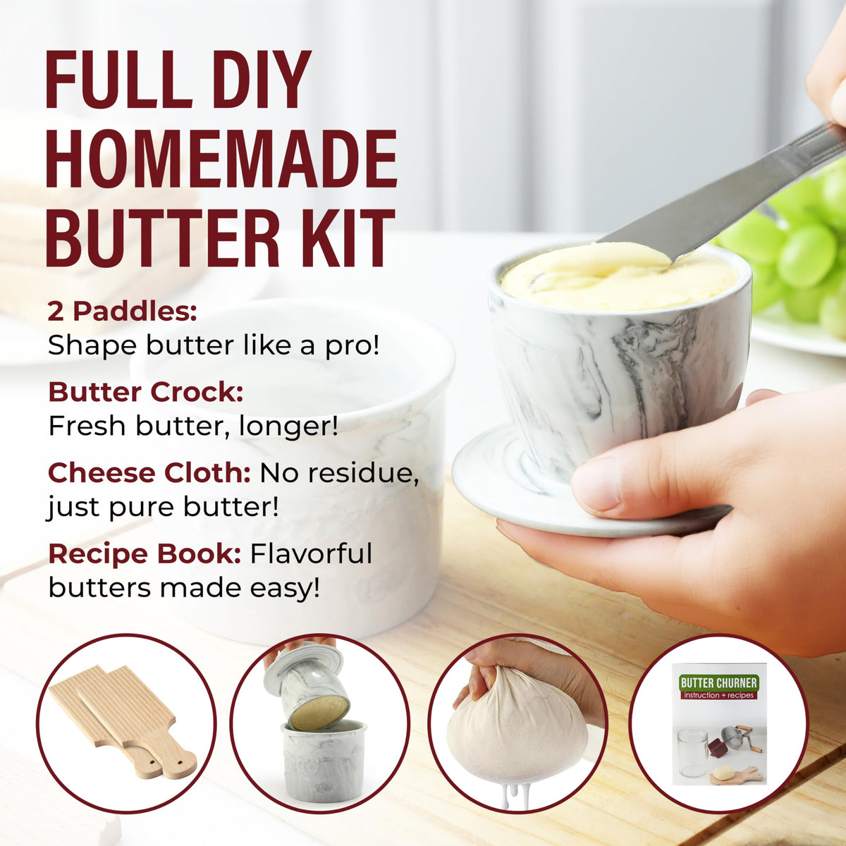 Roman Ventures Dazey Butter Churner hand crank in action for fresh, slow-churned butter.