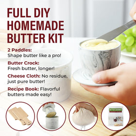 Complete Dazey churn kit featuring paddles, cloth, crock, and mat.