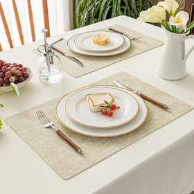 Romanstile beige placemats on stylish table decor for indoor and outdoor gatherings.