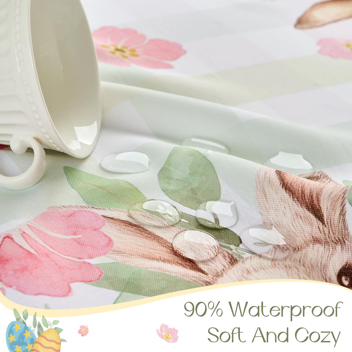 Romanstile bunny and eggs print tablecloth for cheerful Easter dining.