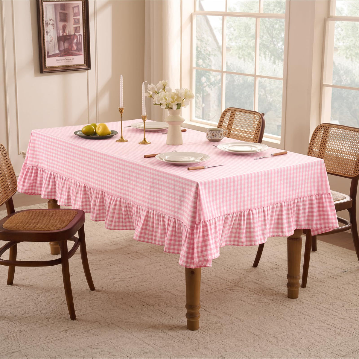 Romanstile close-up shows delicate ruffles framing the gingham edge.