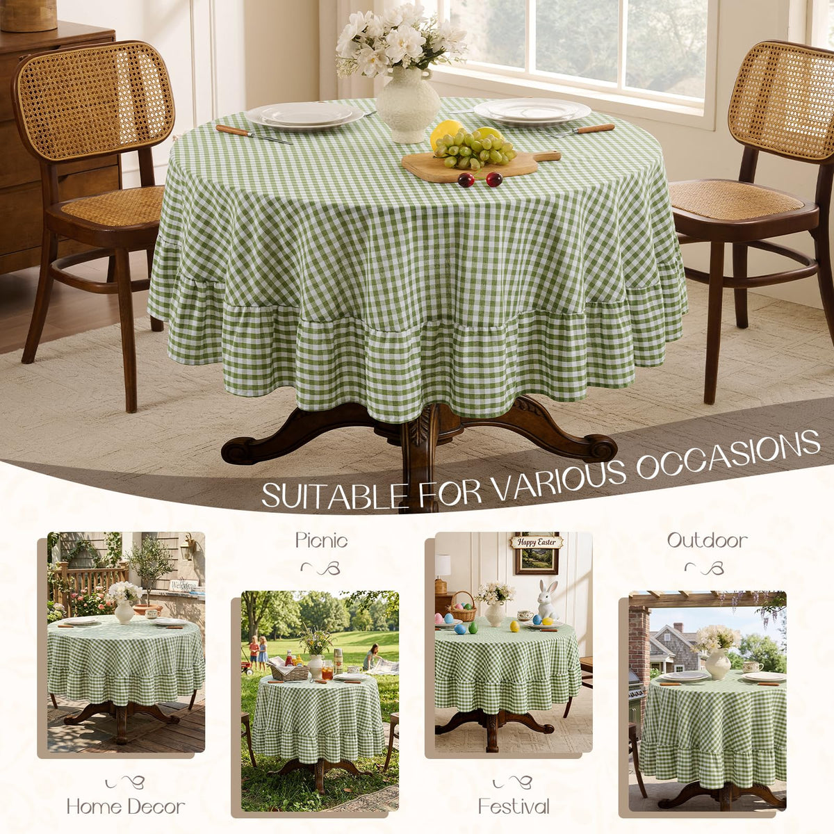 Romanstile easy-care tablecloth is machine-washable for simple cleanup.