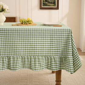 Romanstile gingham ruffled tablecloth 60x84 sage for outdoor picnics.