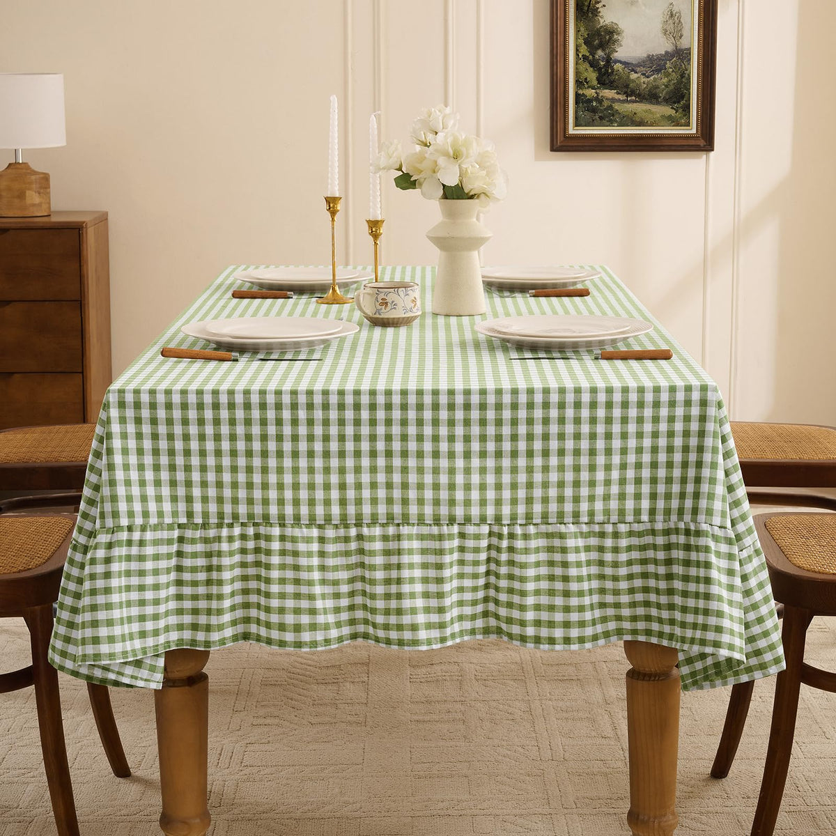 Romanstile outdoor picnic setting in sage with refined table presence.