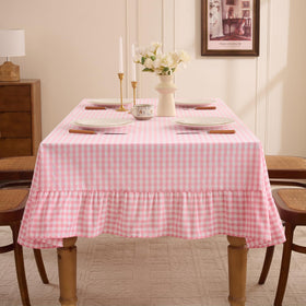 Romanstile outdoor tablecloth pink checkered pattern enhances picnic setups.