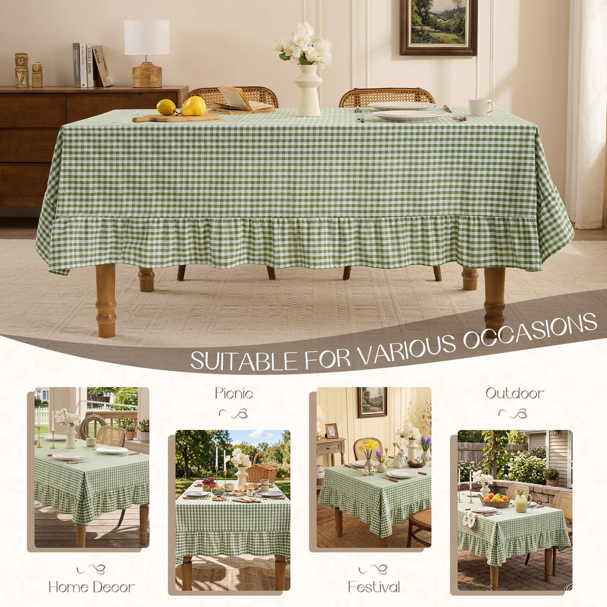 Romanstile party table setup sage showing chic ruffle detail.