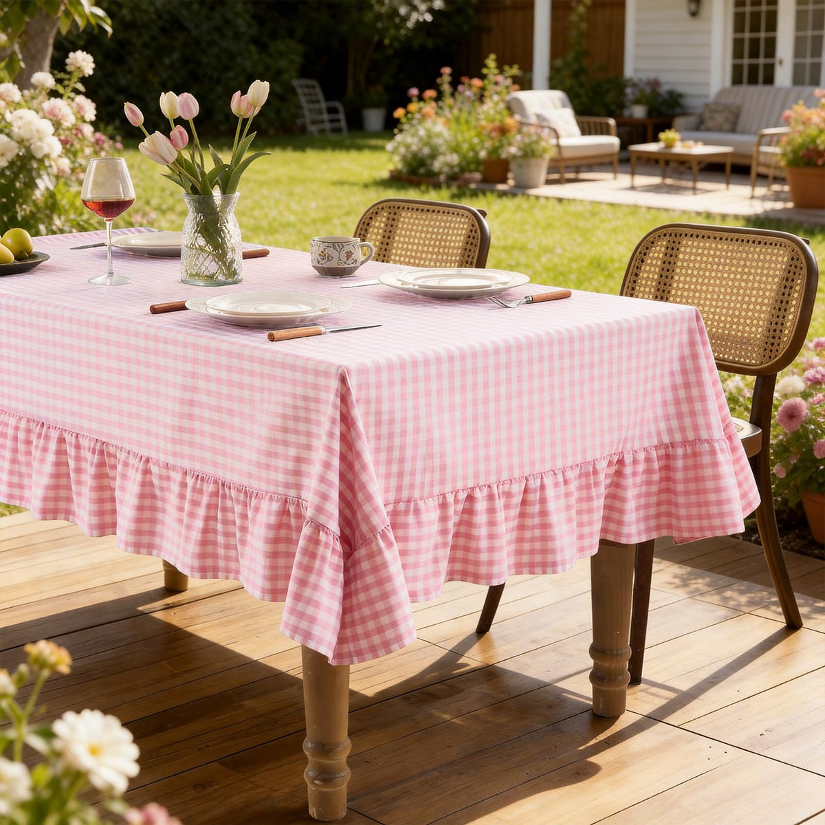 Romanstile party-ready pink plaid tablecloth suits weddings and gatherings.