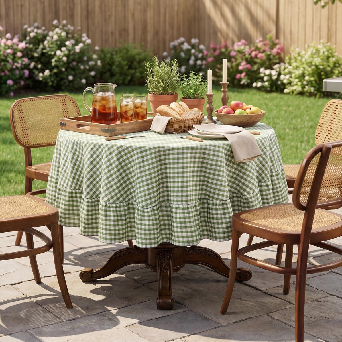 Romanstile ruffled-trim tablecloth brings refined flair to events.