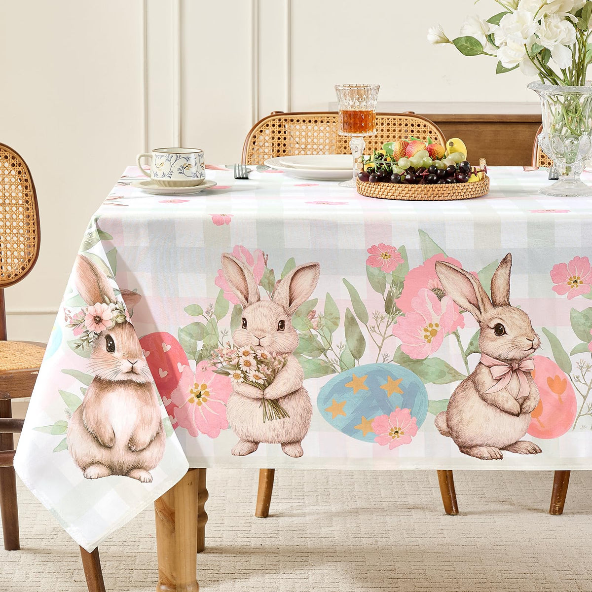 Romanstile spring Easter tablecloth with bunny eggs enhances festive dining experiences