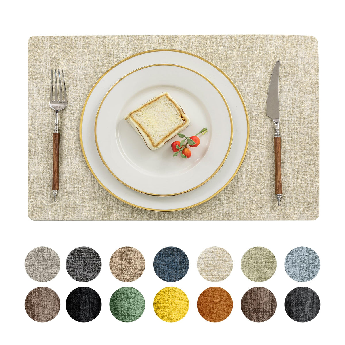 Romanstile vinyl placemats beige dining-setup demonstrate spill resistance and easy cleanup.