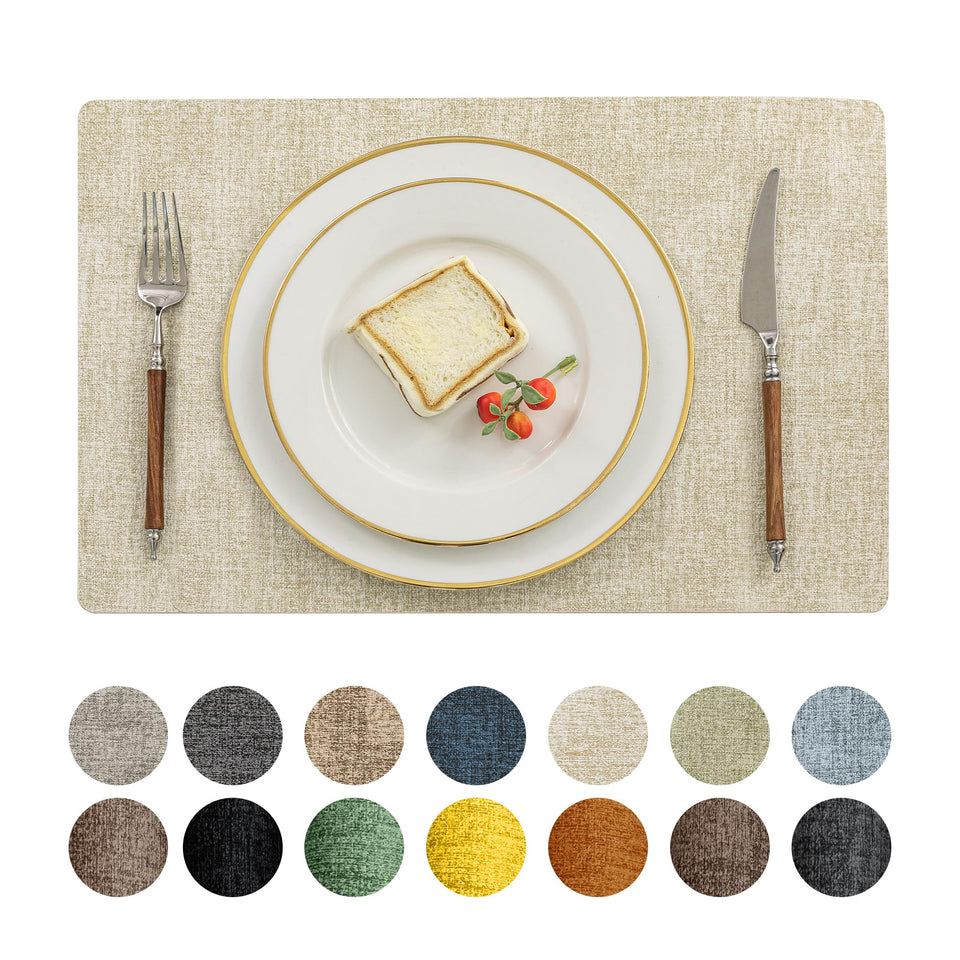 Romanstile vinyl placemats beige dining-setup demonstrate spill resistance and easy cleanup.