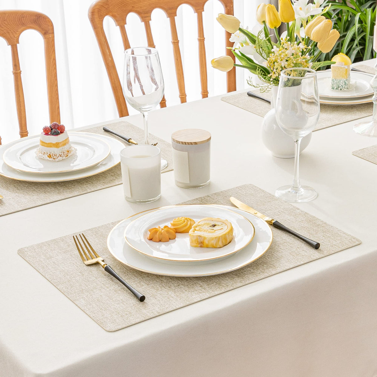 Romanstile vinyl placemats beige closeup highlights texture and heat protection for hot dishes.