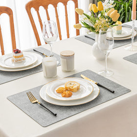 Romanstile placemats highlight waterproof and oil-proof protection for spills.