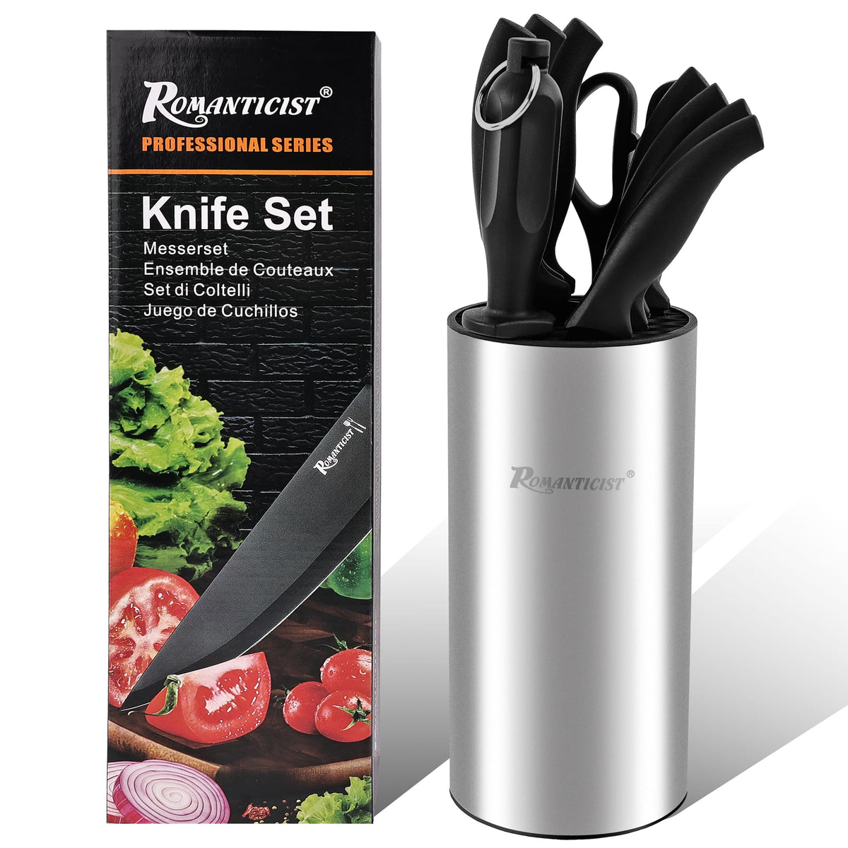 ROMANTICIST 10-piece knife set displayed in the stainless steel block for organized storage.