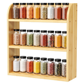 ROMGUAR CRAFT 3-tier bamboo spice rack on wall for easy spice access.
