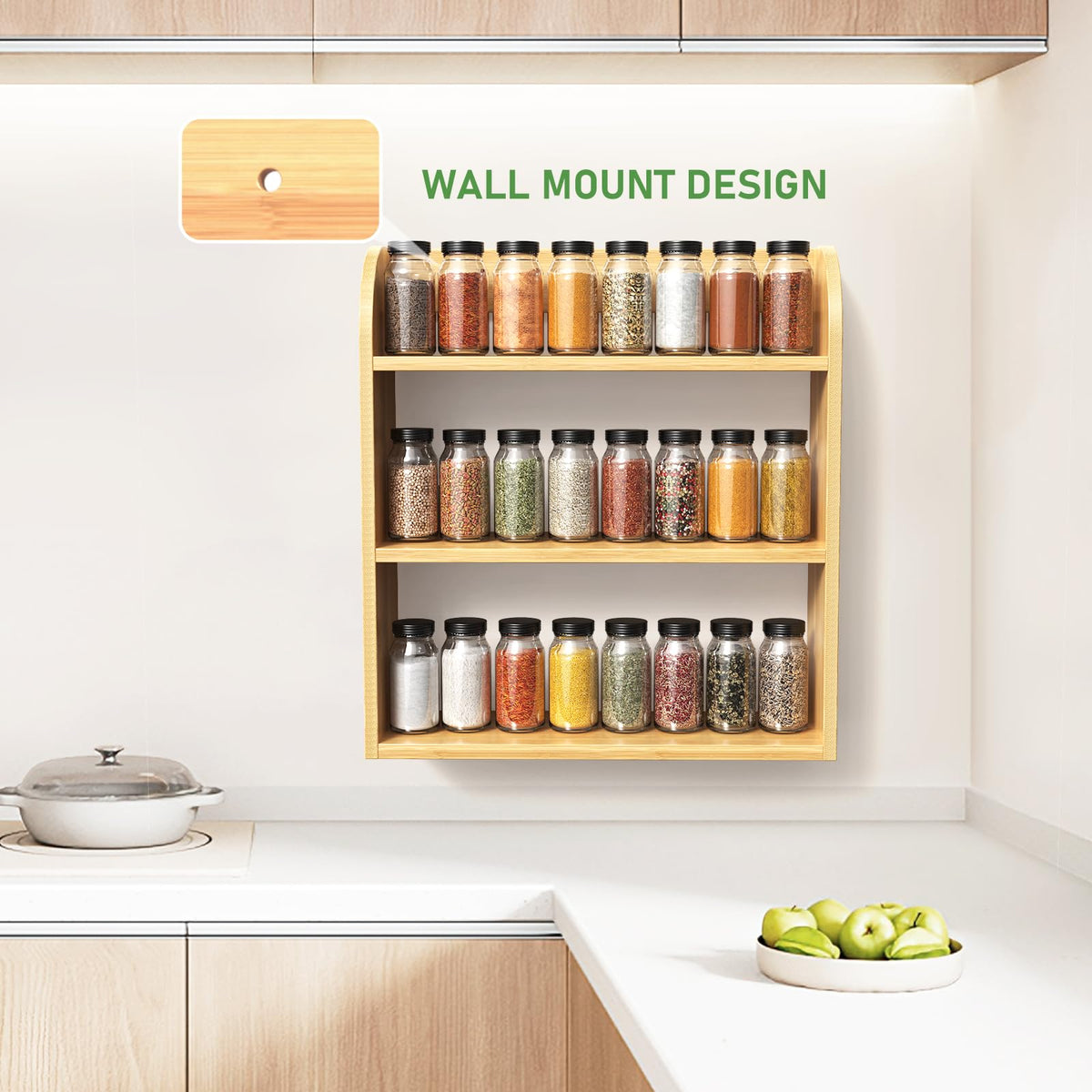 ROMGUAR CRAFT bamboo spice rack on countertop keeps bottles neatly within reach.