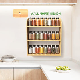ROMGUAR CRAFT bamboo spice rack on countertop keeps bottles neatly within reach.
