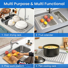 Romise over-sink rack doubles as a cutting-board surface for prep.