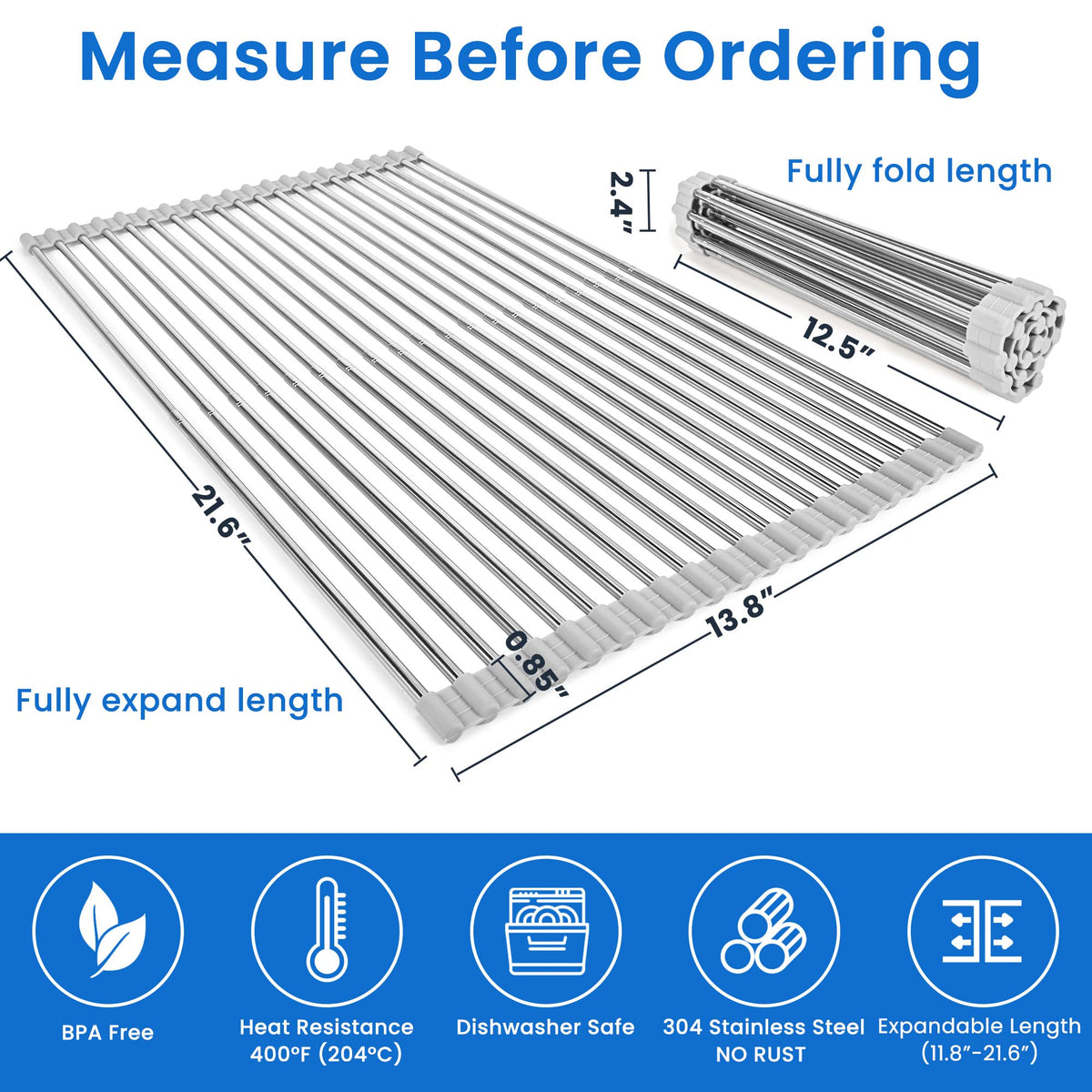 Romise over-sink rack highlights stainless steel rods and silicone wrap for durability.