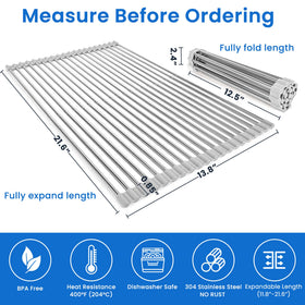 Romise over-sink rack highlights stainless steel rods and silicone wrap for durability.