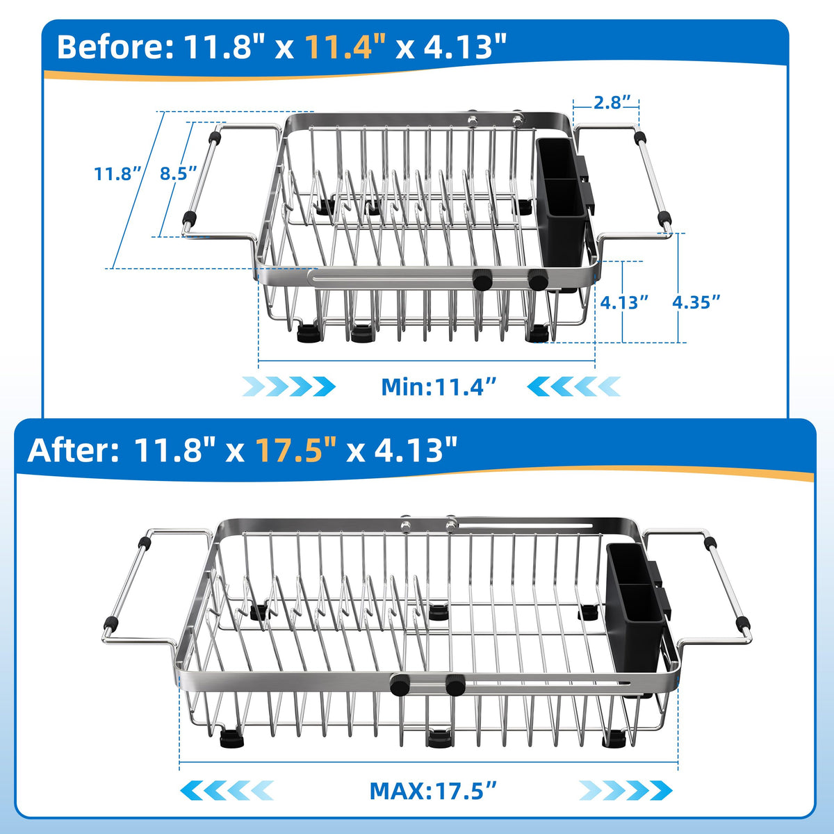 romision dish rack with width-adjustable arms fitting various sink sizes