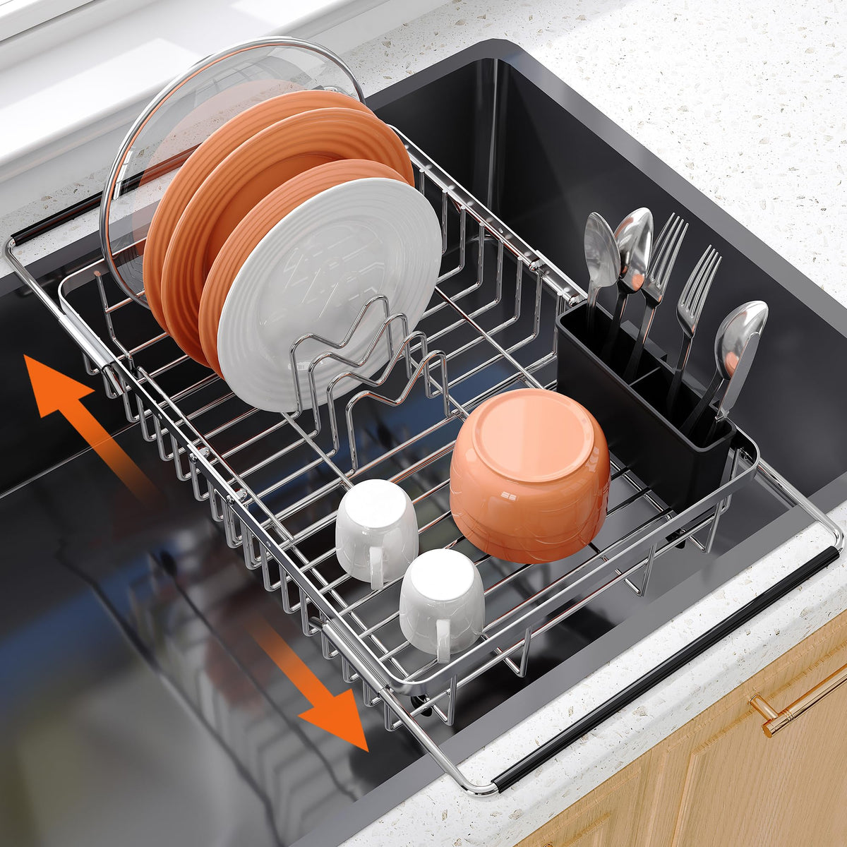 Romision expandable over-sink drying rack keeps counters free and organized.