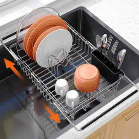 Romision expandable over-sink drying rack keeps counters free and organized.