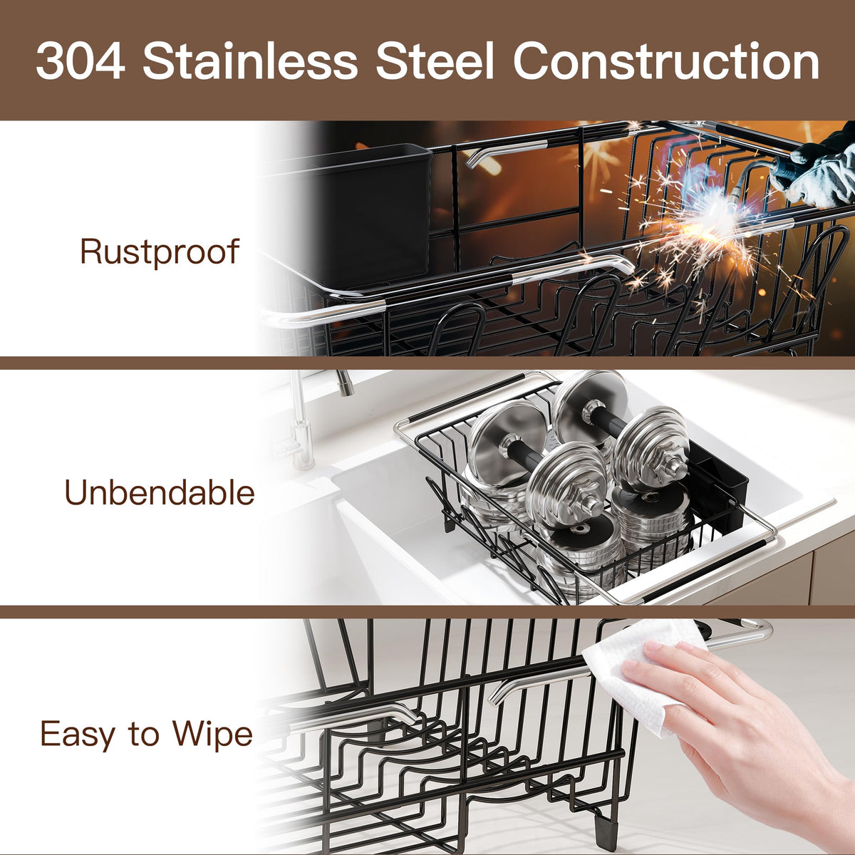 Romision non-slip rubber sleeve keeps the rack stable on sink rims.