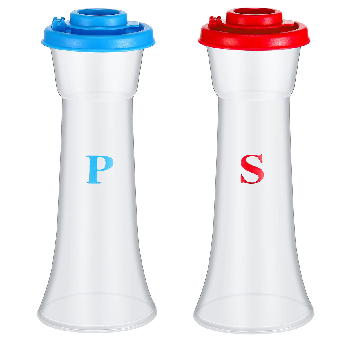 Romooa classic hourglass salt and pepper shakers in blue and red for stylish kitchen seasoning.