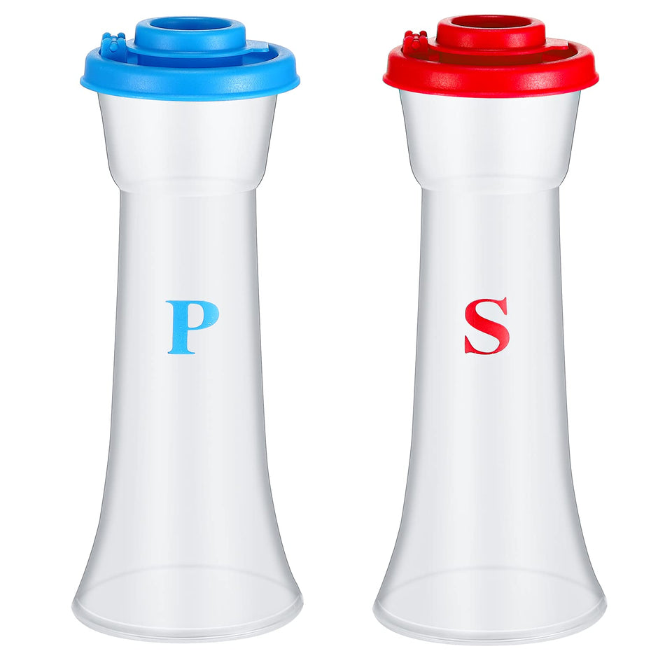 Romooa classic hourglass salt and pepper shakers in blue and red for stylish kitchen seasoning.