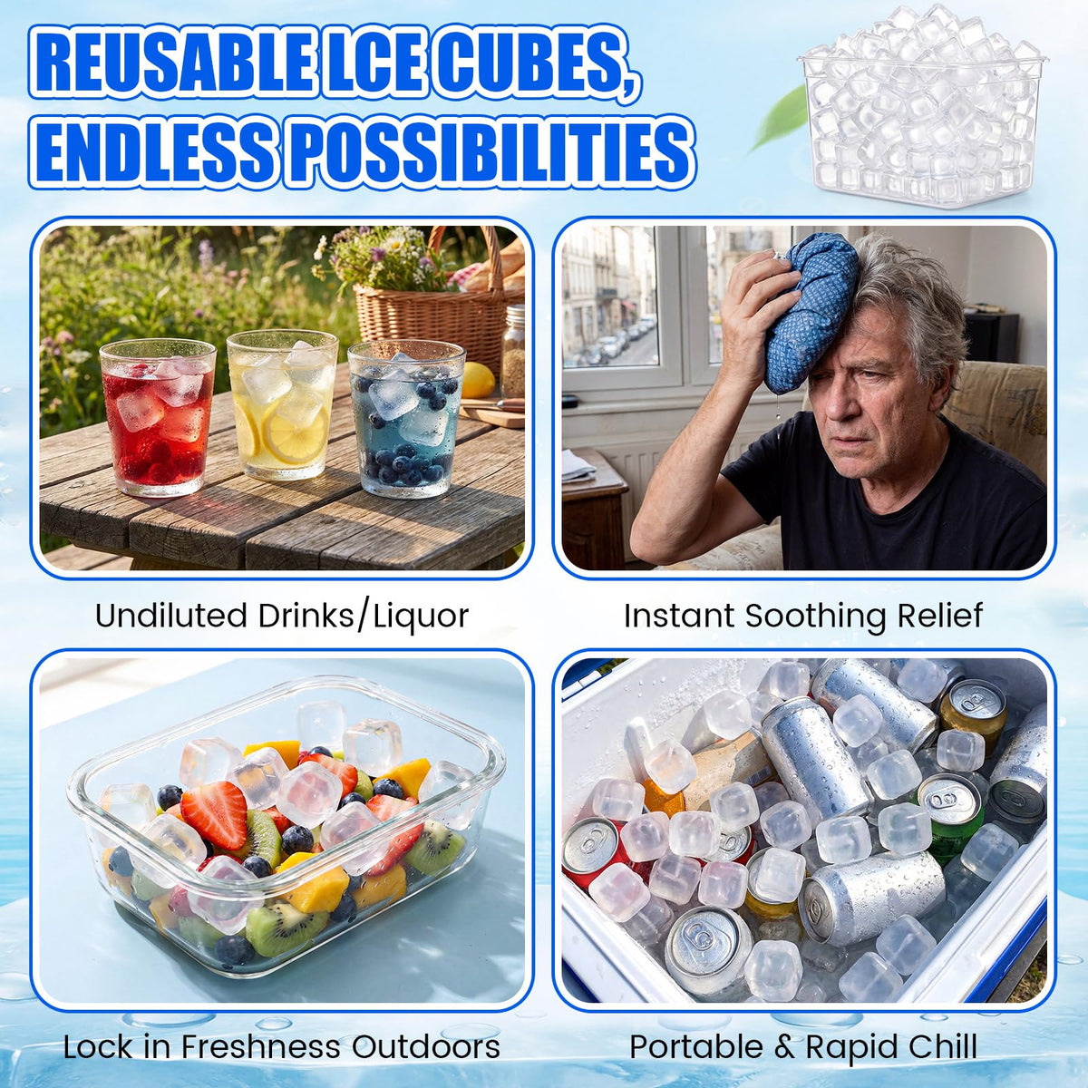 Romooa freezer storage setup with reusable ice cubes.