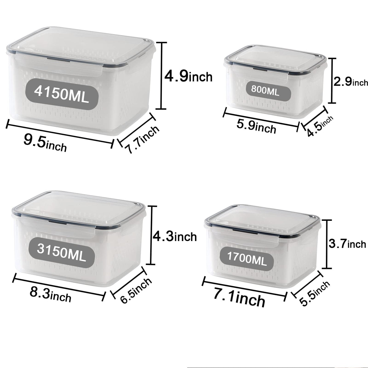 Ronanemon 4-pack fridge storage 1700ml container with basket for washing.