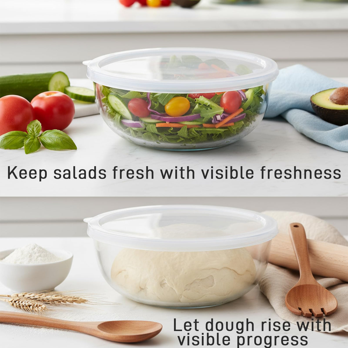 Ronanemon clear glass bowl ideal for monitoring fermentation and color.