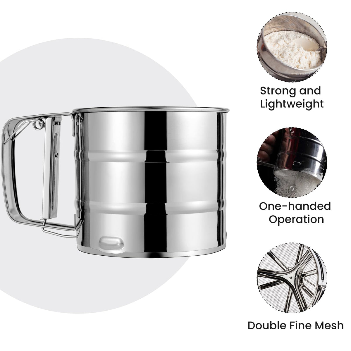 Rondauno double-layer mesh sifter handles fine and coarse flours with ease.