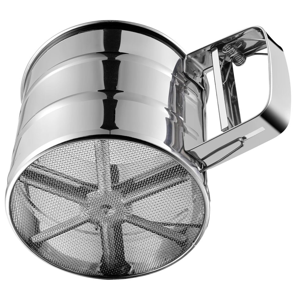 Rondauno flour sifter in stainless steel for smooth, even sugar dusting.