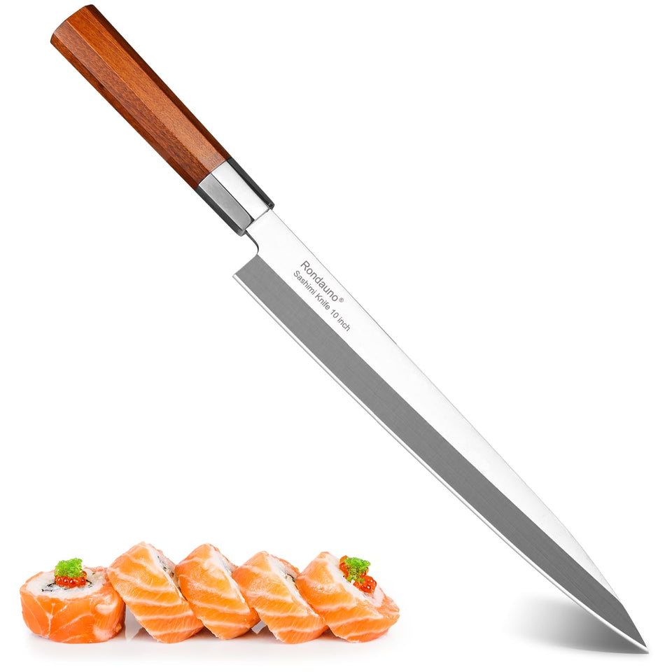 Rondauno sashimi knife 10-inch blade edge enables precise sashimi slicing.